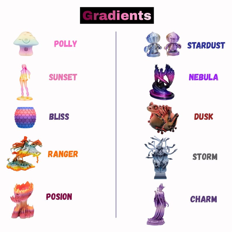 Puede incluir: Una tabla titulada Gradients que muestra diez figuras impresas en 3D con acabados de colores cambiantes. Los art&iacute;culos est&aacute;n etiquetados como Polly, Sunset, Bliss, Ranger, Posion, Stardust, Nebula, Dusk, Storm y Charm, con formas &uacute;nicas y variadas.