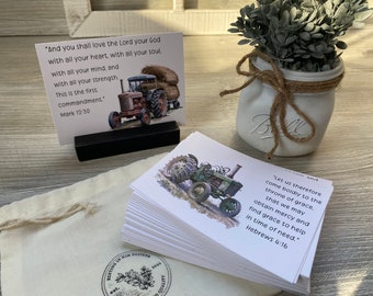 Scripture Verse Cards for Kids w/ Holder, 52 week Scripture Memorization Cards, Year of Verses for Kids, Trucks & Tractors, Bible Verse Card