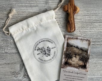 Croix de réconfort en bois d'olivier avec sac individuel/carte, cadeau d'encouragement, cadeau de réconfort, croix de poche, cadeau pour un ami, panier de Pâques