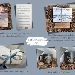 May include: A grief support kit with a book titled "Just Be Honest", a set of 52 encouragement cards with a wooden stand, a super soft plush throw blanket measuring 127cm x 178cm, and a black coffee mug with a white inspirational quote.