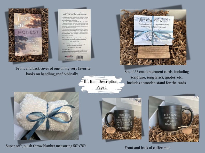May include: A grief support kit with a book titled "Just Be Honest", a set of 52 encouragement cards with a wooden stand, a super soft plush throw blanket measuring 127cm x 178cm, and a black coffee mug with a white inspirational quote.