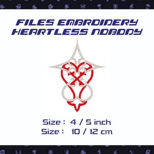 May include: An embroidery design featuring a stylized red and white heart-shaped emblem with the text "FILES EMBROIDERY HEARTLESS NOBODY". The design is approximately 4/5 inches in size.