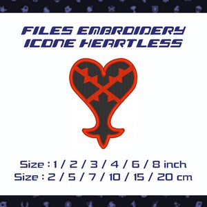 May include: An embroidered patch featuring a stylized heart design in black and red. The text "FILES EMBROIDERY ICONE HEARTLESS" is displayed above the heart. Size options are listed in inches and centimeters.