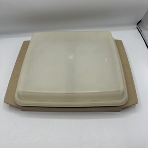 May include: A tan-colored, square plastic container with a matching lid. The lid is slightly translucent, revealing the contents within. The container sits on a larger, rectangular base, creating a tiered effect. The design is simple and functional.