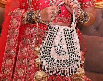 Borsa potli ricamata da donna fatta a mano indiana, lavoro di sequenza su seta dupain per le donne, pochette da sposa, bomboniere