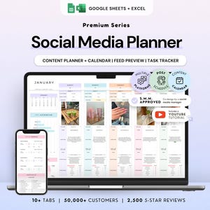 May include: A digital social media planner for Google Sheets and Excel displayed on a laptop and smartphone screen. The interface features a January calendar, content planner, feed preview, and task tracker with pastel color-coded columns.