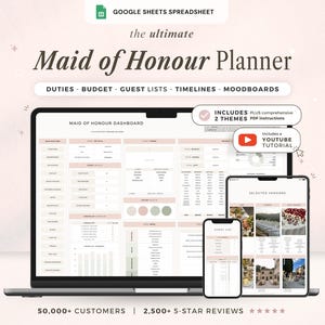 May include: A digital Maid of Honour Planner spreadsheet displayed on a laptop, tablet, and smartphone. The interface features sections for duties, budget, guest lists, timelines, and moodboards with a soft pink and white colour scheme.