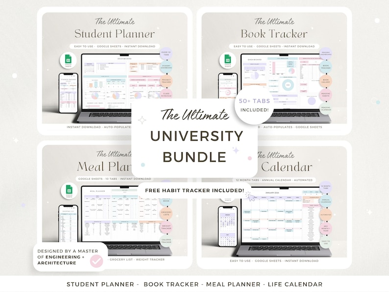 May include: The Ultimate University Bundle digital planners. Includes Student Planner, Book Tracker, Meal Planner, and Calendar. Each planner is displayed on a laptop and smartphone, with a light background.