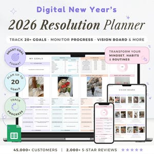 May include: A digital 2026 Resolution Planner displayed on a laptop, tablet, and smartphone. The planner includes sections for goals, progress tracking, and a vision board. The image also features the text "Digital New Year's" and "2026 Resolution Planner".