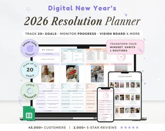 Puede incluir: Un planificador de resolución digital de 2026 que se muestra en una computadora portátil, una tableta y un teléfono inteligente. El planificador incluye secciones para objetivos, seguimiento del progreso y un tablero de visión. La imagen también presenta el texto "Digital New Year's" y "2026 Resolution Planner".