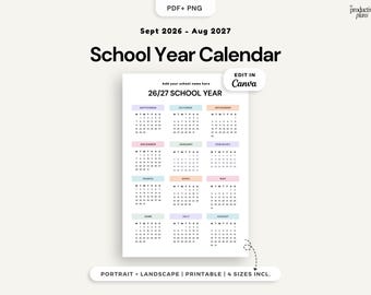 2026-2027 School Year Calendar Printable Editable Canva Academic Planner Template Year at a Glance Teacher Classroom Calendar PDF A4 Letter