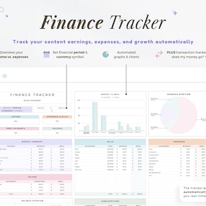 May include: A digital finance tracker with the title "Finance Tracker" at the top. The tracker includes sections for income, expenses, and budget summaries, with charts and graphs. The text reads "Track your content earnings, expenses, and growth automatically."