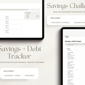 May include: Two screenshots of a digital planner for tracking savings and debt. The first screenshot shows a savings challenge with a checklist and a section for tracking already saved amounts. The second screenshot shows a savings and debt tracker with sections for tracking savings accounts and debts. The text "Savings Challenge" and "Savings + Debt Tracker" is visible in the screenshots.