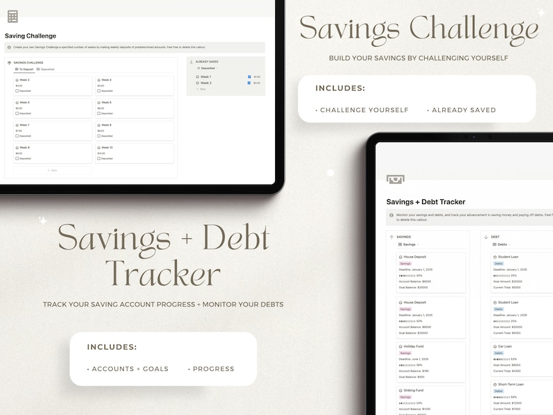 May include: Two screenshots of a digital planner for tracking savings and debt. The first screenshot shows a savings challenge with a checklist and a section for tracking already saved amounts. The second screenshot shows a savings and debt tracker with sections for tracking savings accounts and debts. The text "Savings Challenge" and "Savings + Debt Tracker" is visible in the screenshots.