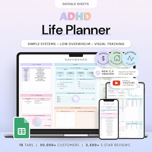 Può includere: Un pianificatore di vita digitale ADHD per Google Sheets visualizzato su un computer portatile, un tablet e uno smartphone. L'interfaccia presenta una dashboard con sezioni per il monitoraggio di budget, abitudini e attività. Il testo include "Google Sheets", "ADHD Life Planner", "Simple Systems - Low Overwhelm - Visual Tracking" e "Includes a YouTube Tutorial."