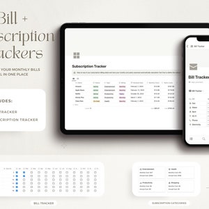 May include: A digital illustration of a phone and tablet screen displaying a bill and subscription tracker app. The app allows users to manage their monthly bills and subscriptions in one place. The app includes a bill tracker and a subscription tracker. The app also allows users to sort subscriptions into categories and view monthly and annual costs.