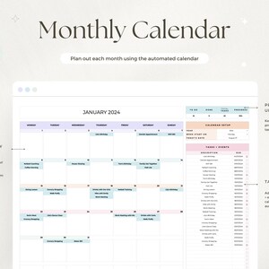 May include: A digital monthly calendar with the text "Monthly Calendar" at the top. The calendar is for January 2024 and includes sections for tasks, events, and progress updates. The design is clean and modern.