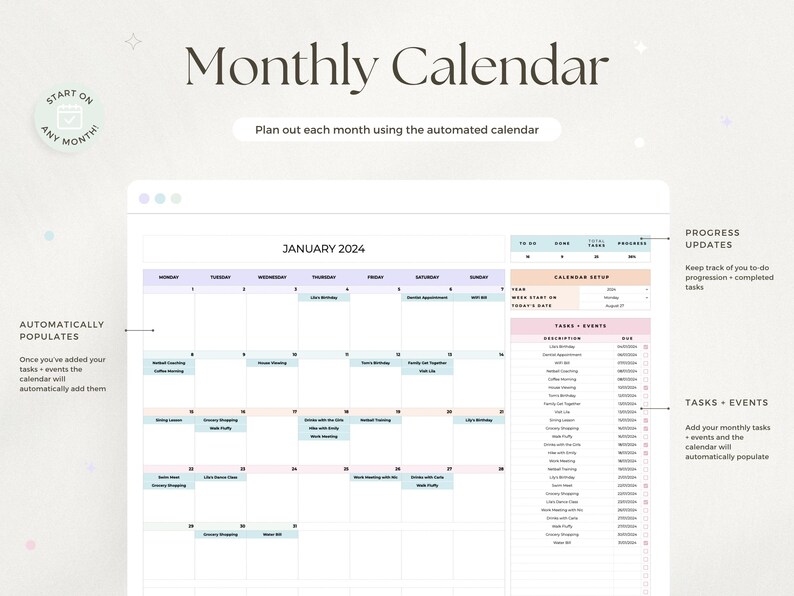 May include: A digital monthly calendar with the text "Monthly Calendar" at the top. The calendar is for January 2024 and includes sections for tasks, events, and progress updates. The design is clean and modern.