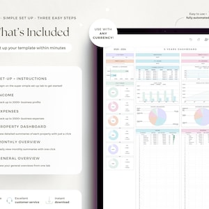 May include: A digital tablet displaying a financial dashboard template. The screen shows charts, graphs, and data tables with pastel color coding. Text includes "7 Tabs", "Simple Set Up", and "What's Included". The template is designed for use with any currency.