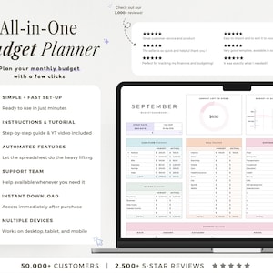 May include: A digital budget planner displayed on a laptop screen, featuring a September dashboard with income, expense, and bill trackers. The interface includes colorful summary boxes, charts, and text detailing features like automated calculations, instant download, and multi-device compatibility.