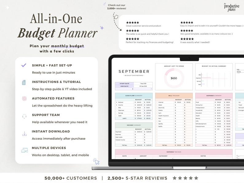 May include: A digital budget planner displayed on a laptop screen, featuring a September dashboard with income, expense, and bill trackers. The interface includes colorful summary boxes, charts, and text detailing features like automated calculations, instant download, and multi-device compatibility.