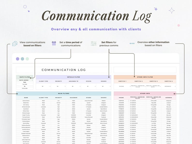 CRM Tracker Client Planner Google Sheets CRM Planner Task Spreadsheet ...