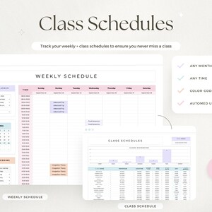 May include: Digital class schedule template with a weekly planner and class schedule chart. The design includes a calendar, color-coded sections, and the text "Class Schedules". Features include any month, any time, and automated updates.