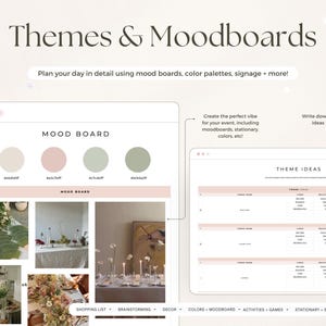 Puede incluir: Una plantilla de planificaci&oacute;n digital titulada Themes & Moodboards que presenta una secci&oacute;n de tablero de inspiraci&oacute;n con paletas de colores y fotos de eventos, junto a una tabla de ideas tem&aacute;ticas. El texto incluye Plan your day in detail using mood boards, color palettes, signage + more!
