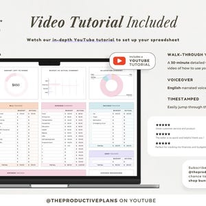 May include: A digital budget spreadsheet displayed on a laptop screen, featuring charts, expense trackers, and savings summaries. The interface includes text labels like Video Tutorial Included, Walk-Through Video, and a 30-minute detailed walkthrough.