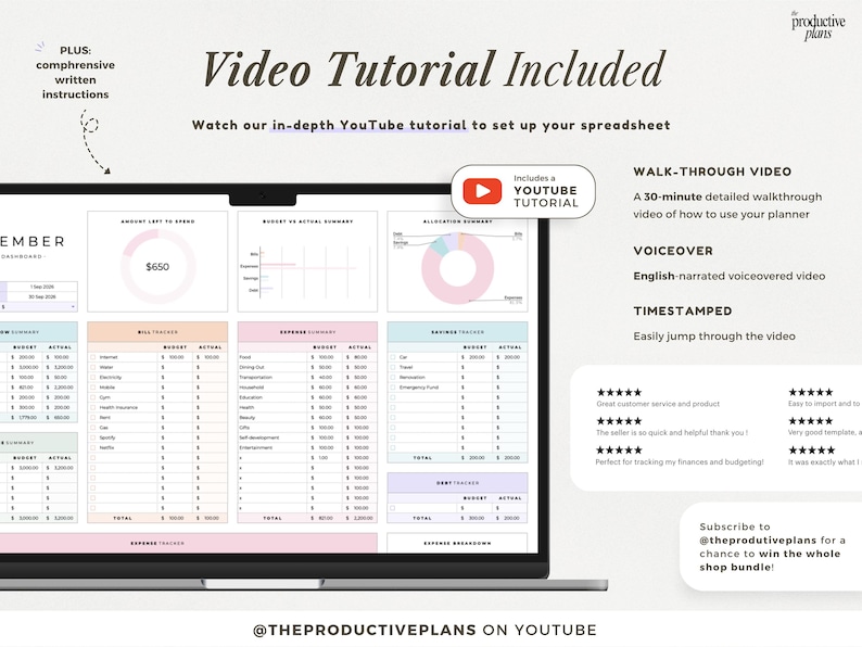 May include: A digital budget spreadsheet displayed on a laptop screen, featuring charts, expense trackers, and savings summaries. The interface includes text labels like Video Tutorial Included, Walk-Through Video, and a 30-minute detailed walkthrough.