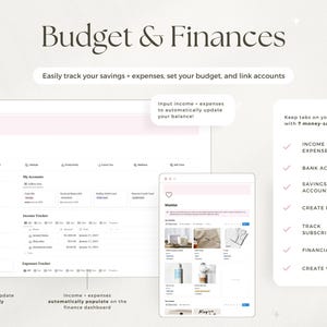 May include: Digital financial planning interface with the text "Budget & Finances." The interface includes sections for tracking income, expenses, bank accounts, savings, and creating budgets. The interface also includes a wishlist feature.