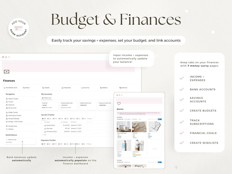 May include: Digital financial planning interface with the text "Budget & Finances." The interface includes sections for tracking income, expenses, bank accounts, savings, and creating budgets. The interface also includes a wishlist feature.