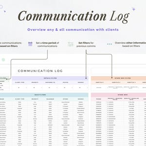 Op de afbeelding: Een digitale communicatieloginterface met de titel "Communication Log" en de ondertitel "Overview any & all communication with clients." De interface bevat secties voor het filteren en bekijken van klantcommunicatie.