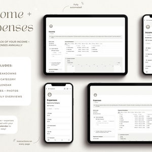 May include: A digital planner app interface with a white background and black text. The app is designed to help users track their income and expenses. The app includes features such as breakdowns by category, a calendar, files and photos, and daily overviews. The text "Income + Expenses" is displayed at the top of the screen. The text "Keep track of your income + expenses annually" is displayed below the title. The text "Includes:" is displayed below the text "Keep track of your income + expenses annually". The text "Breakdowns, By Category, Calendar, Files + Photos, Daily Overviews" is displayed below the text "Includes:". The text "All income + expenses are synced with your Master Calendar to make life easy!" is displayed at the bottom of the screen. The text "Instructions on every page" is displayed in the bottom right corner of the screen.
