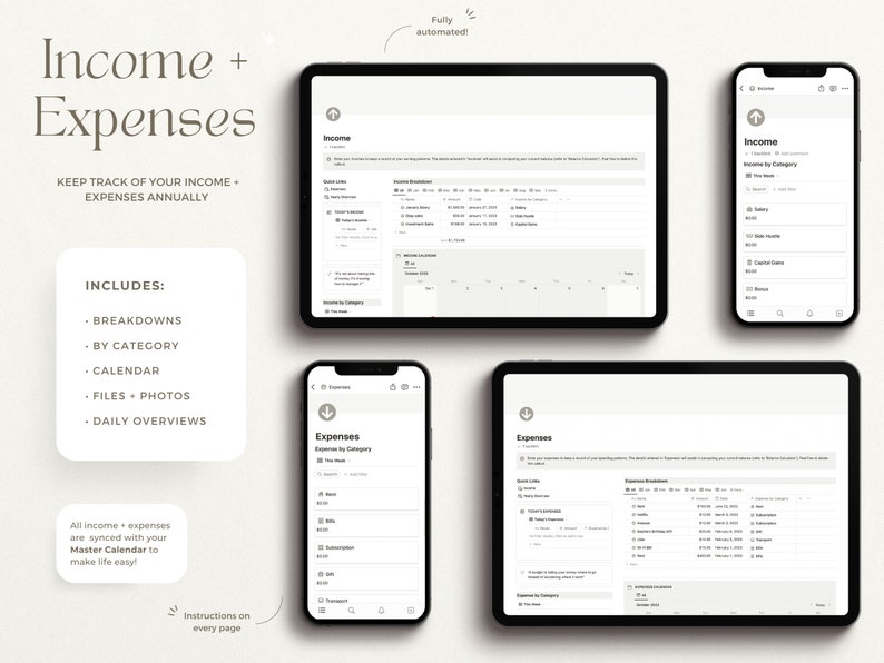 May include: A digital planner app interface with a white background and black text. The app is designed to help users track their income and expenses. The app includes features such as breakdowns by category, a calendar, files and photos, and daily overviews. The text "Income + Expenses" is displayed at the top of the screen. The text "Keep track of your income + expenses annually" is displayed below the title. The text "Includes:" is displayed below the text "Keep track of your income + expenses annually". The text "Breakdowns, By Category, Calendar, Files + Photos, Daily Overviews" is displayed below the text "Includes:". The text "All income + expenses are synced with your Master Calendar to make life easy!" is displayed at the bottom of the screen. The text "Instructions on every page" is displayed in the bottom right corner of the screen.