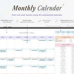 K&ouml;nnte beinhalten: Ein digitaler Monatskalender, der auf einem Tablet angezeigt wird. Der Bildschirm zeigt einen Kalender f&uuml;r Januar 2026 mit farbcodierten Eintr&auml;gen. Der Text "Monthly Calendar" und andere Informationen sind sichtbar.