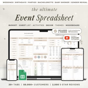 Könnte beinhalten: Eine digitale Event-Tabelle, dargestellt auf einem Laptop, Tablet und Smartphone. Die Benutzeroberfläche enthält Bereiche für Budget, Gästeliste, Aktivitäten, Dekor, Themen und Moodboard. Der Text umfasst "the ultimate Event Spreadsheet".