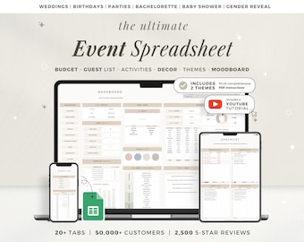 May include: A digital event spreadsheet displayed on a laptop, tablet, and smartphone. The interface includes sections for budget, guest list, activities, decor, themes, and moodboard. Text includes "the ultimate Event Spreadsheet" and "INCLUDES 2 THEMES".