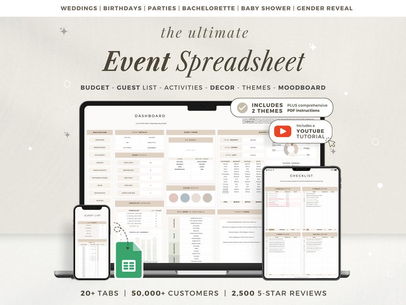 May include: A digital event spreadsheet displayed on a laptop, tablet, and smartphone. The interface includes sections for budget, guest list, activities, decor, themes, and moodboard. Text includes "the ultimate Event Spreadsheet" and "INCLUDES 2 THEMES".