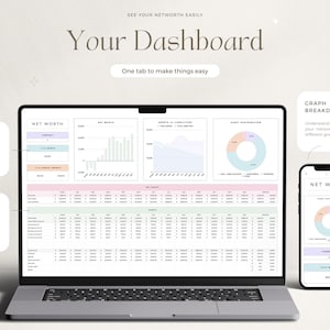 K&ouml;nnte beinhalten: Ein Laptop-Bildschirm zeigt eine Tabellenkalkulation mit einem Nettoverm&ouml;gen-Dashboard. Das Dashboard enth&auml;lt ein Kreisdiagramm, ein Balkendiagramm und ein Liniendiagramm. Der Bildschirm zeigt auch eine Tabelle mit Spalten f&uuml;r Verm&ouml;genswerte und Verbindlichkeiten. Der Laptop befindet sich auf einer wei&szlig;en Oberfl&auml;che. Der Text auf dem Bildschirm lautet "Ihr Dashboard" und "Sehen Sie Ihr Nettoverm&ouml;gen einfach".