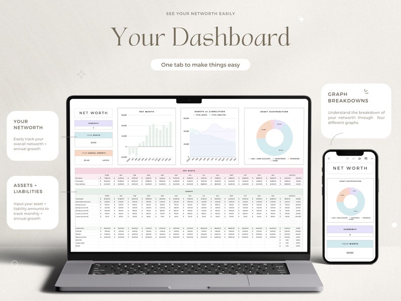 K&ouml;nnte beinhalten: Ein Laptop-Bildschirm zeigt eine Tabellenkalkulation mit einem Nettoverm&ouml;gen-Dashboard. Das Dashboard enth&auml;lt ein Kreisdiagramm, ein Balkendiagramm und ein Liniendiagramm. Der Bildschirm zeigt auch eine Tabelle mit Spalten f&uuml;r Verm&ouml;genswerte und Verbindlichkeiten. Der Laptop befindet sich auf einer wei&szlig;en Oberfl&auml;che. Der Text auf dem Bildschirm lautet "Ihr Dashboard" und "Sehen Sie Ihr Nettoverm&ouml;gen einfach".