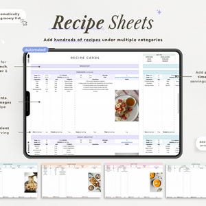 Puede incluir: Una tableta digital que muestra una plantilla de hoja de recetas con secciones para ingredientes, instrucciones e im&aacute;genes. La interfaz incluye campos para tiempo de preparaci&oacute;n, tiempo de cocci&oacute;n, calor&iacute;as y porciones para organizar recetas.