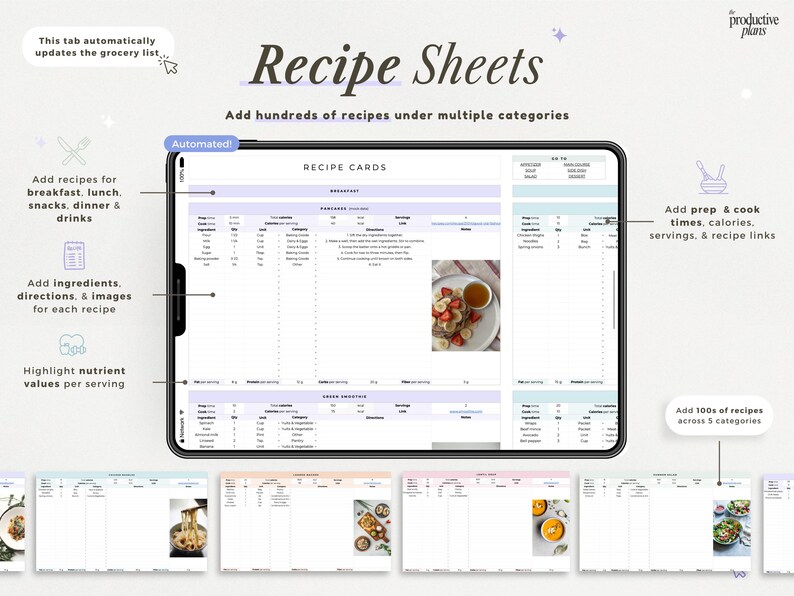 Puede incluir: Una tableta digital que muestra una plantilla de hoja de recetas con secciones para ingredientes, instrucciones e im&aacute;genes. La interfaz incluye campos para tiempo de preparaci&oacute;n, tiempo de cocci&oacute;n, calor&iacute;as y porciones para organizar recetas.