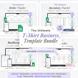 May include: A digital T-Shirt Business Template Bundle with four spreadsheets: Order Tracker, Inventory Tracker, Task Tracker, and Bookkeeping Tracker. Includes +30 tabs and is designed for small business owners.