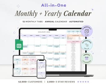 Monthly and Annual Calendar Spreadsheet Google Sheets Yearly Calendar Monthly Tracker Daily Schedule Weekly Calendar 2026 Spreadsheet 2026