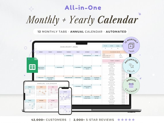 Monthly and Annual Calendar Spreadsheet Google Sheets Yearly Calendar Monthly Tracker Daily Schedule Weekly Calendar 2026 Spreadsheet 2026