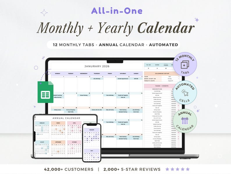 K&ouml;nnte beinhalten: Ein digitaler Kalender mit Monats- und Jahresansichten, angezeigt auf Laptop, Tablet und Smartphone. Der Kalender bietet 12 Monatsregisterkarten und automatisierte Zellen. Der Text lautet "All-in-One Monthly + Yearly Calendar".