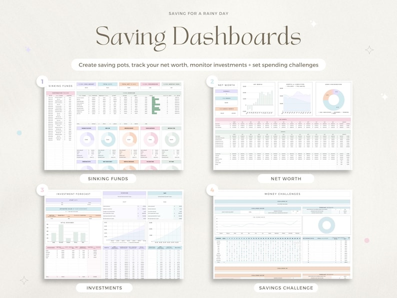 May include: Four printable dashboards for tracking savings, net worth, investments, and money challenges. Each dashboard features a table, a graph, and a pie chart. The dashboards are designed in a minimalist style with pastel colors.
