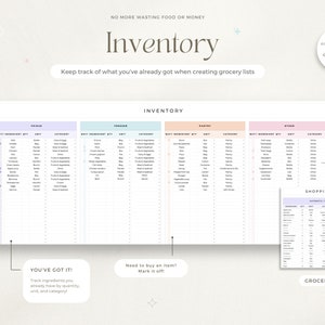 Puede incluir: Una lista de inventario imprimible para llevar un registro de las compras. La lista est&aacute; dividida en tres secciones: Refrigerador, Congelador y Otros. Cada secci&oacute;n tiene columnas para el ingrediente, la cantidad, la unidad y la categor&iacute;a. La lista tambi&eacute;n incluye una lista de compras y una lista de comestibles.
