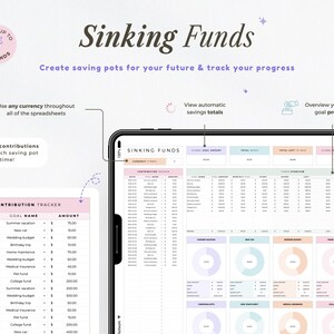 Pu&ograve; includere: Strumento digitale di pianificazione finanziaria con il testo "Sinking Funds". L'interfaccia mostra un tracker dei contributi, i totali dei risparmi e l'avanzamento degli obiettivi. Il design include colori pastello e la possibilit&agrave; di monitorare fino a 20 fondi.
